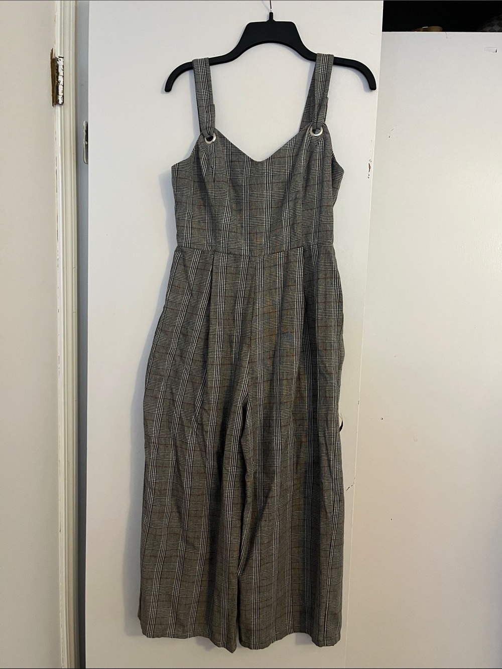 Plaid Wide-Leg Jumpsuit with Adjustable Straps - Gray